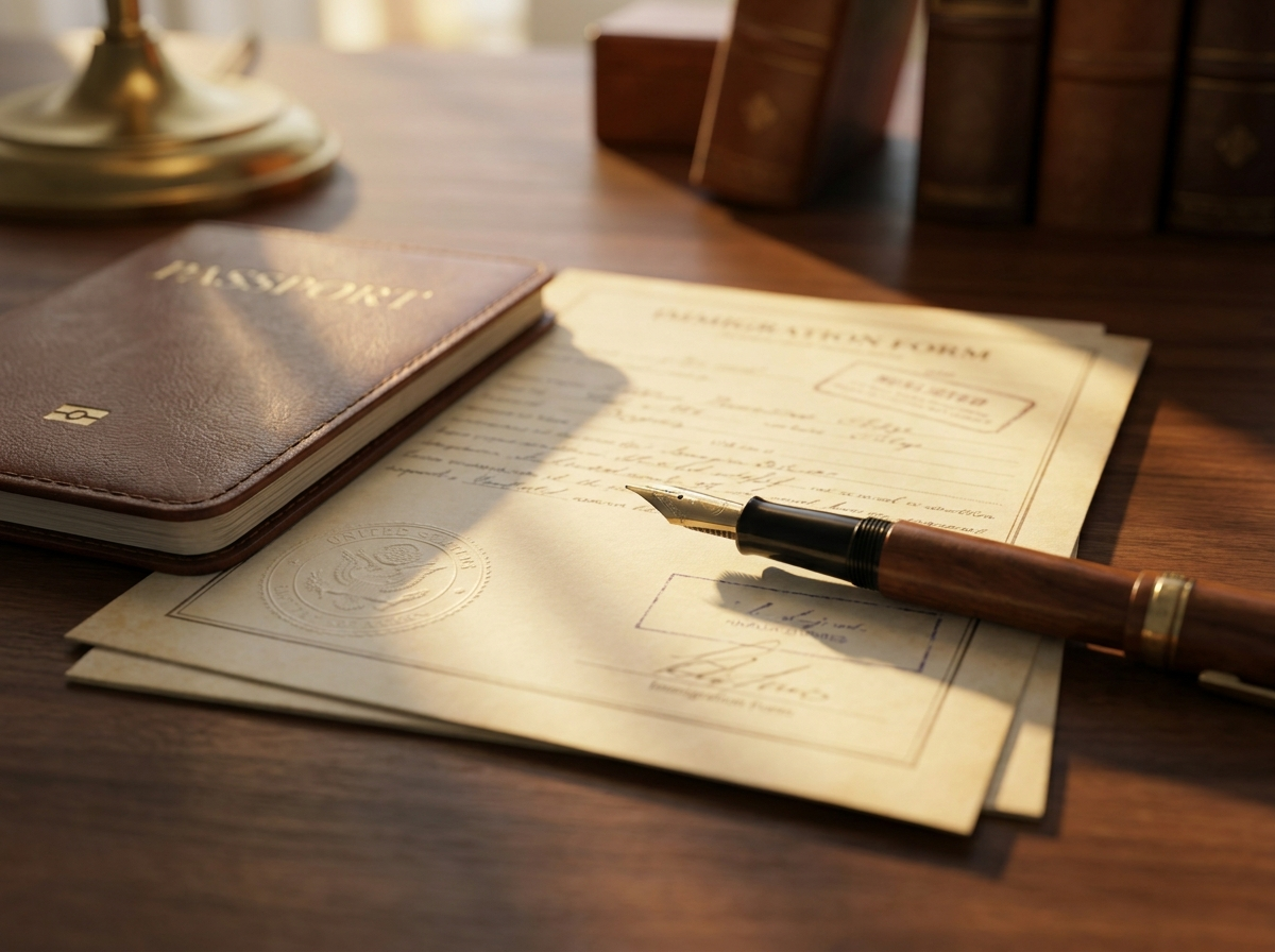 Documentos e passaporte sob luz dourada